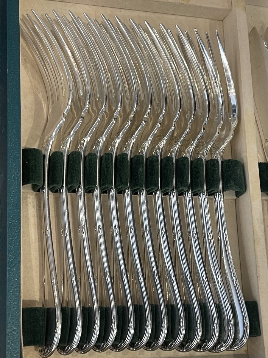 Christofle Fish Forks And Knives With Crossed Ribbons Silver Plated-photo-1