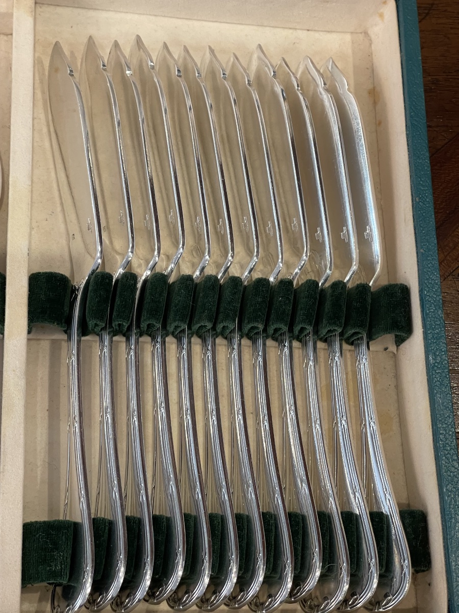 Christofle Fish Forks And Knives With Crossed Ribbons Silver Plated-photo-2
