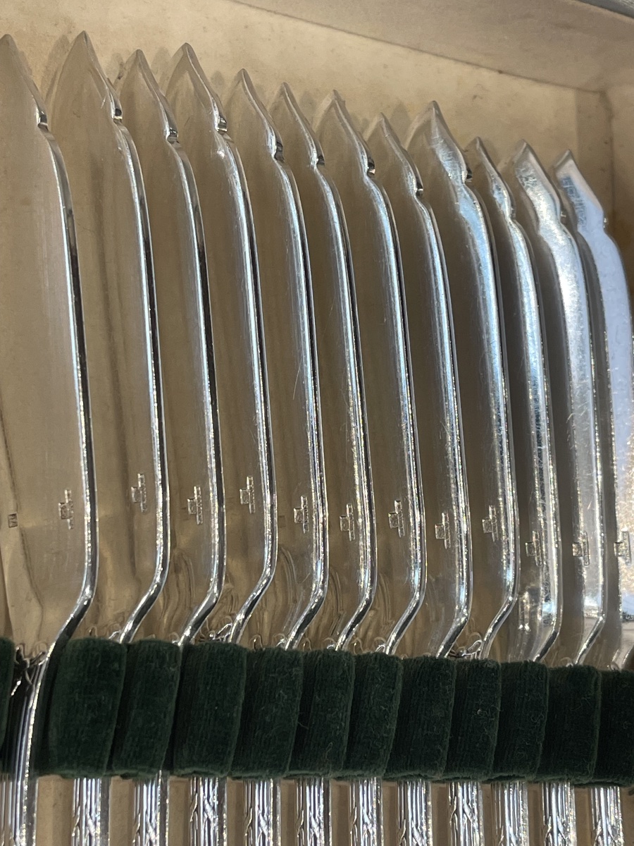 Christofle Fish Forks And Knives With Crossed Ribbons Silver Plated-photo-3