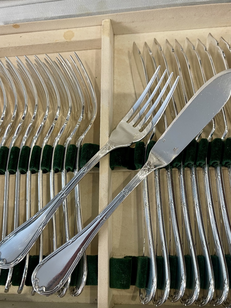 Christofle Fish Forks And Knives With Crossed Ribbons Silver Plated-photo-4