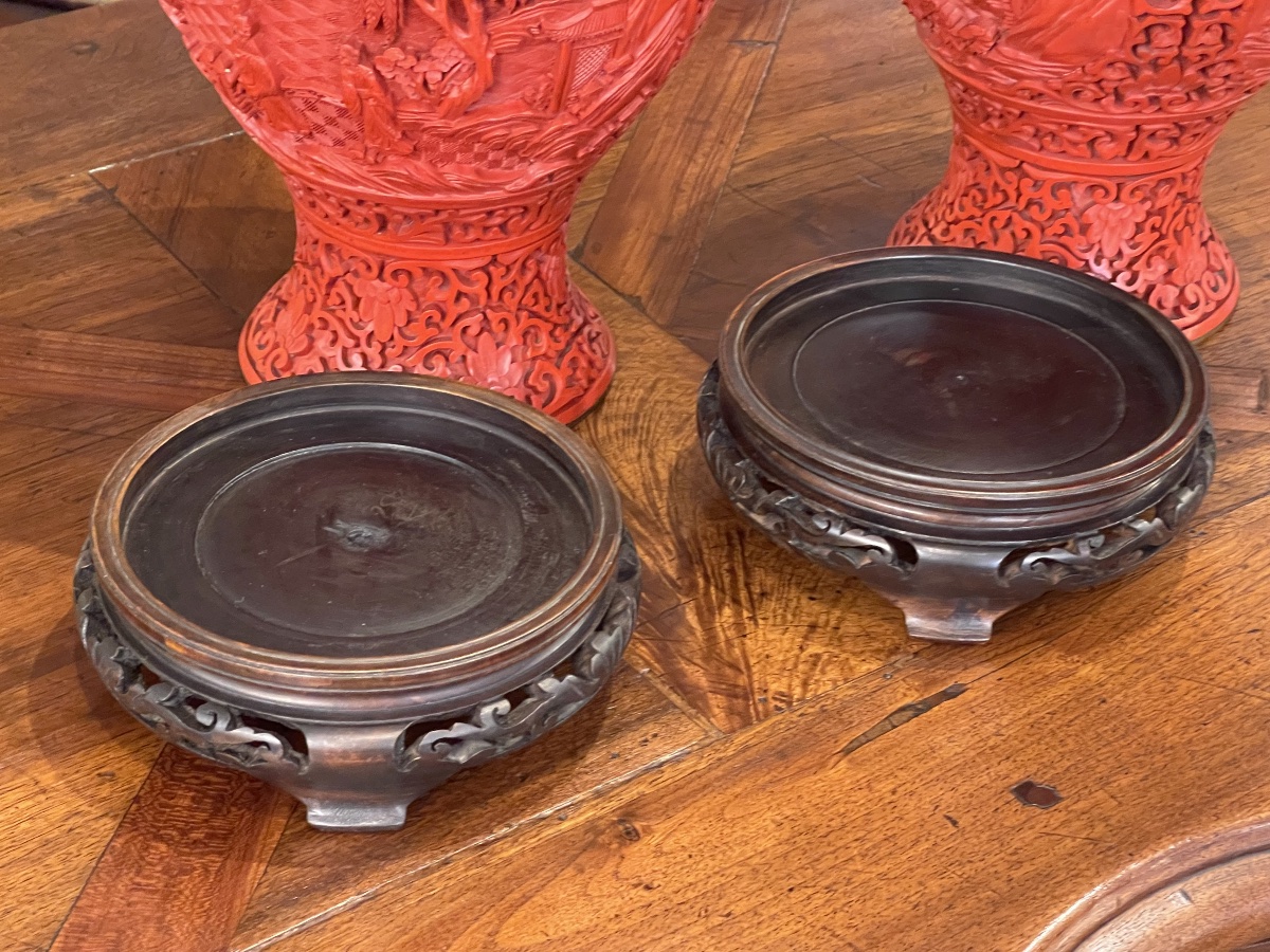Pair Of Chinese Cinnabar Lacquer Vases, 31.5 Cm-photo-2