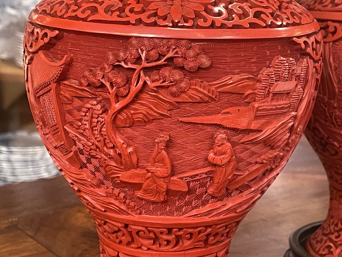 Pair Of Chinese Cinnabar Lacquer Vases, 31.5 Cm-photo-4