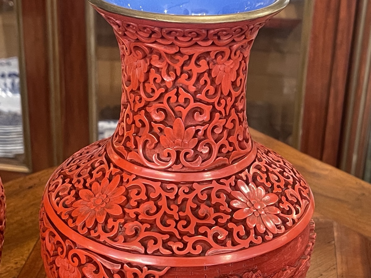 Pair Of Chinese Cinnabar Lacquer Vases, 31.5 Cm-photo-4