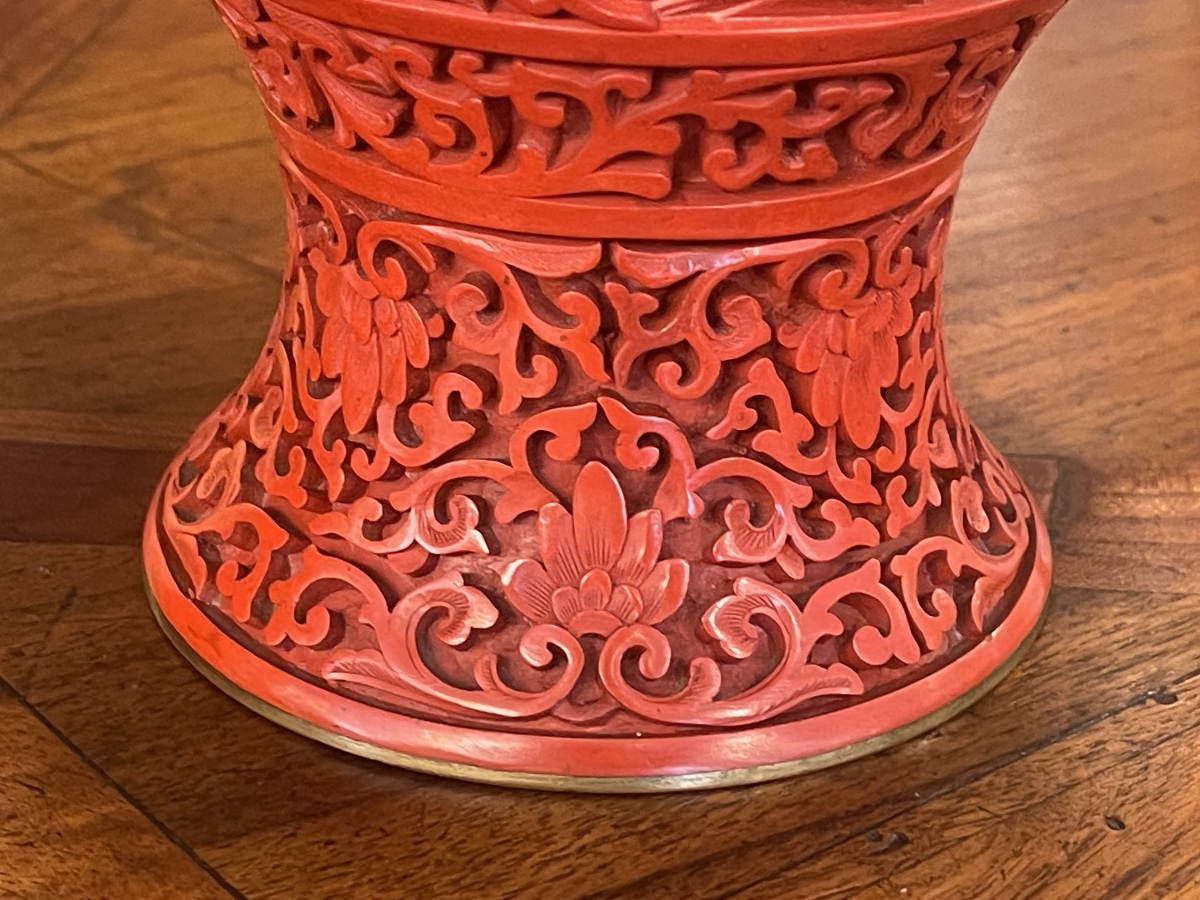 Pair Of Chinese Cinnabar Lacquer Vases, 31.5 Cm-photo-5