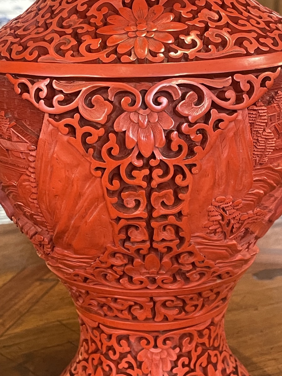 Pair Of Chinese Cinnabar Lacquer Vases, 31.5 Cm-photo-6