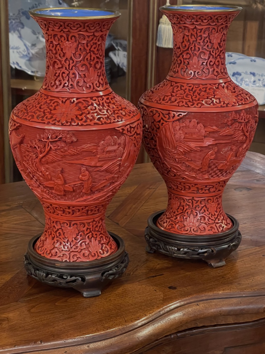 Pair Of Chinese Cinnabar Lacquer Vases, 31.5 Cm-photo-7