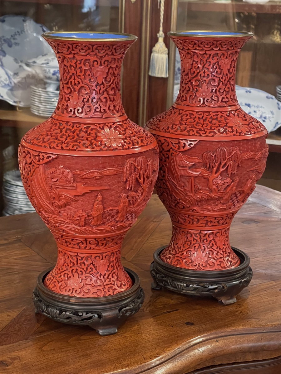 Pair Of Chinese Cinnabar Lacquer Vases, 31.5 Cm