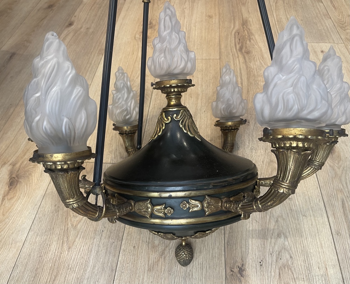 First Empire-style Chandelier In Bronze And Painted Sheet Metal With 7 Lights 