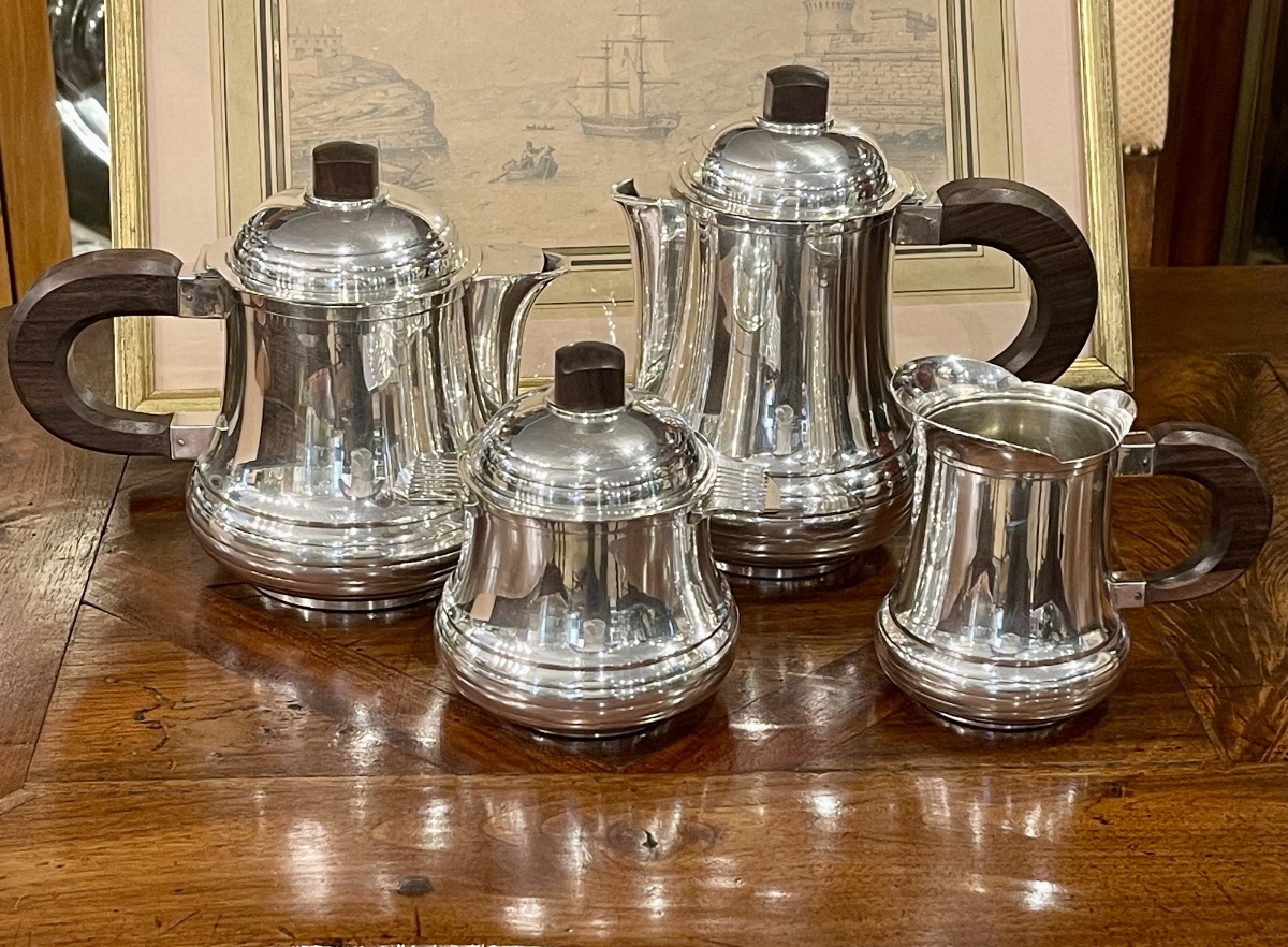 Service Art Déco thé café sucrier et crémier en métal argenté et palissandre 