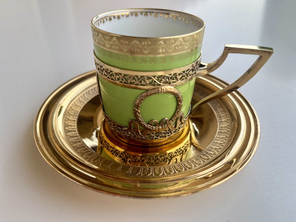 Tasse argent vermeil Minerve et porcelaine Limoges Ahrenfeldt style Empire
