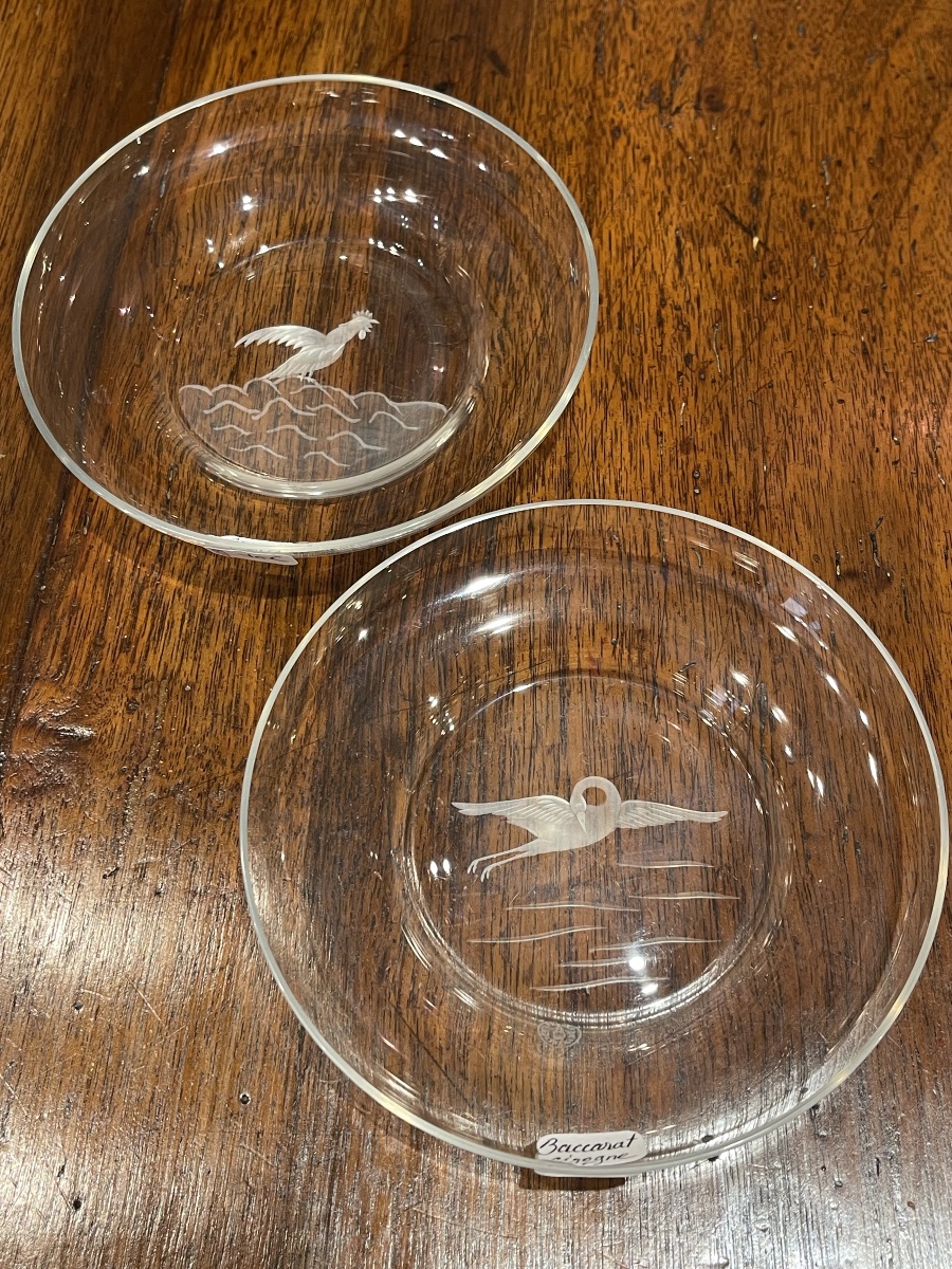 Baccarat, Set Of 2 Crystal Goblets With Rooster And Stork Design 