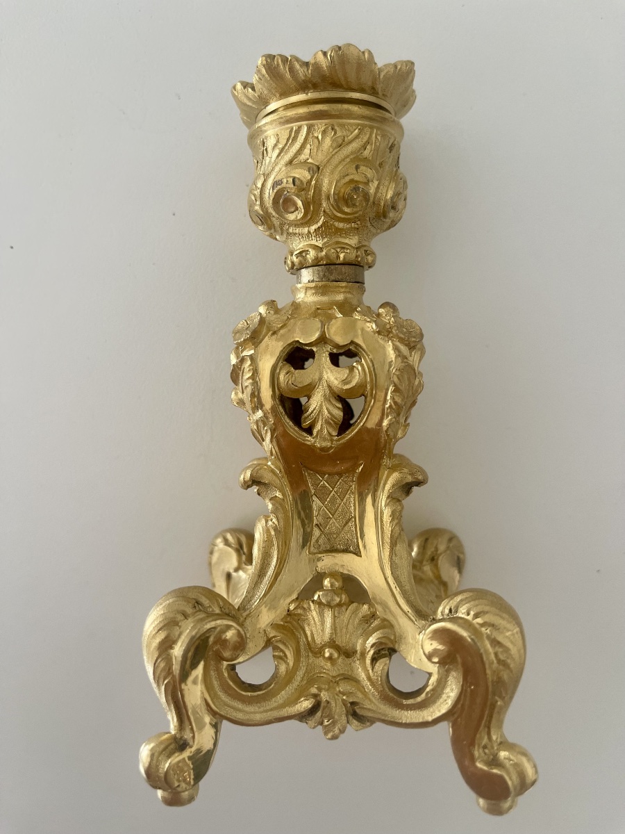 Pair Of Small Gilded Bronze Candlesticks In The Louis XV Rocaille Style -photo-2