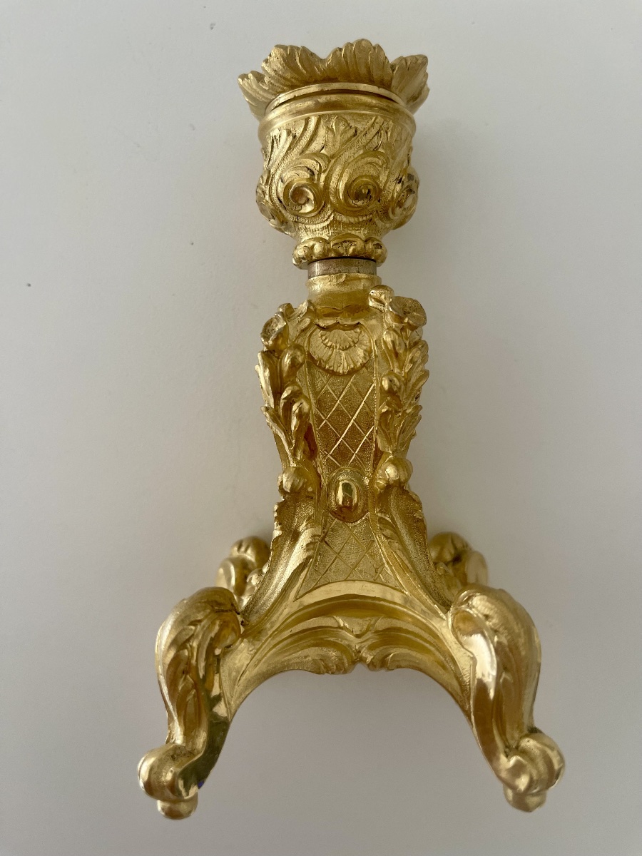 Pair Of Small Gilded Bronze Candlesticks In The Louis XV Rocaille Style -photo-5