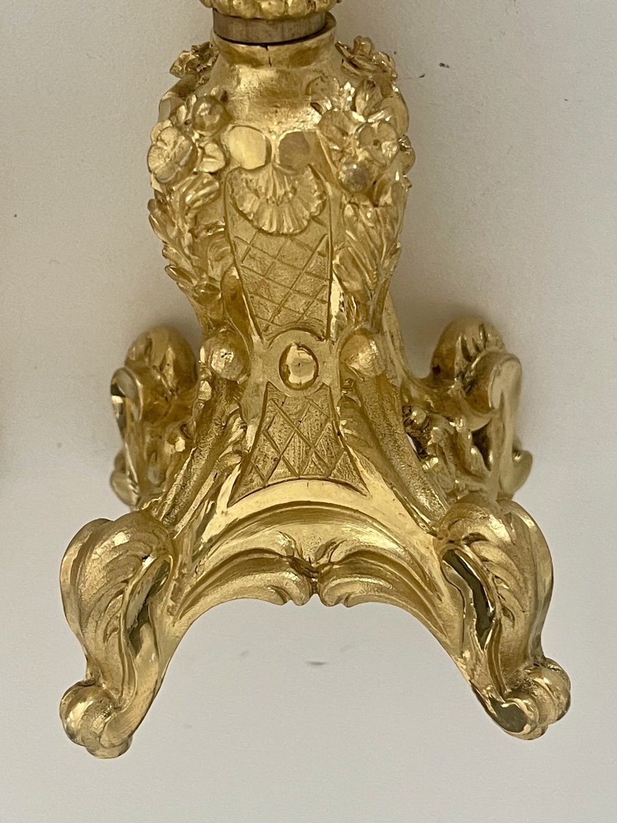 Pair Of Small Gilded Bronze Candlesticks In The Louis XV Rocaille Style -photo-6