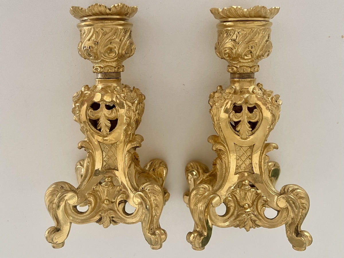 Pair Of Small Gilded Bronze Candlesticks In The Louis XV Rocaille Style 