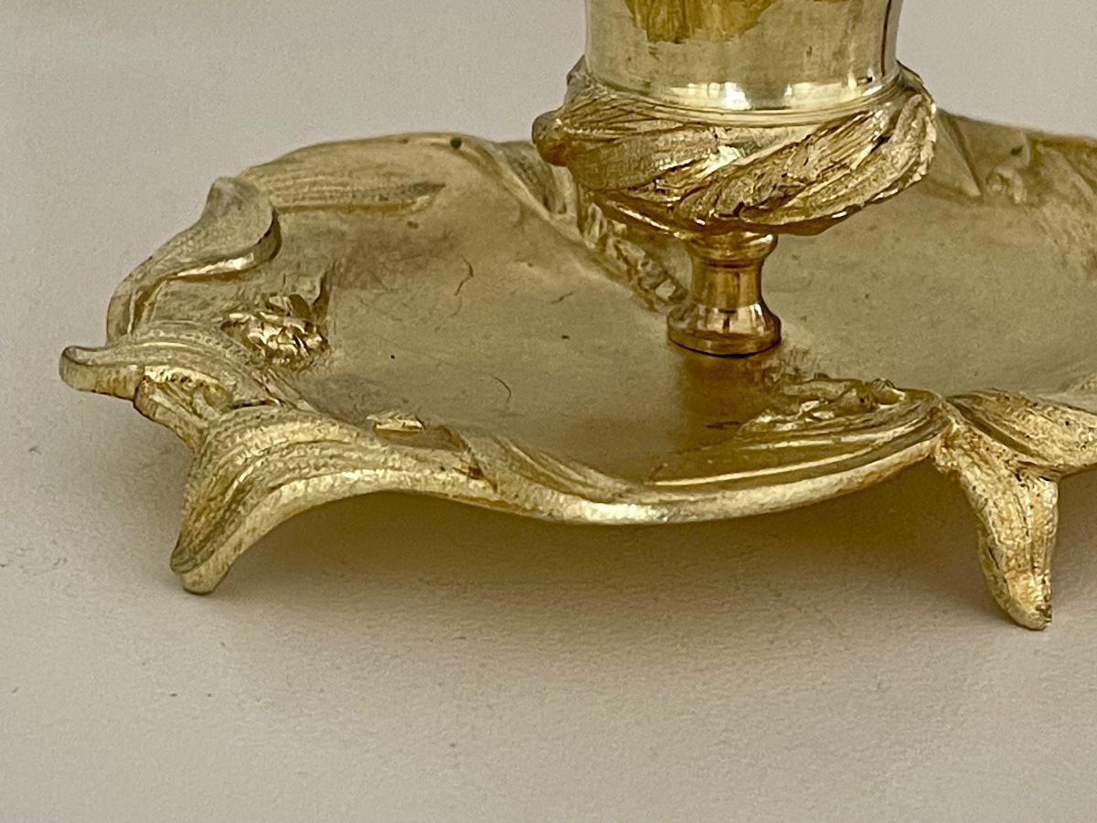 Bougeoir à main 1900 Art Nouveau en bronze doré décor eucalyptus-photo-7