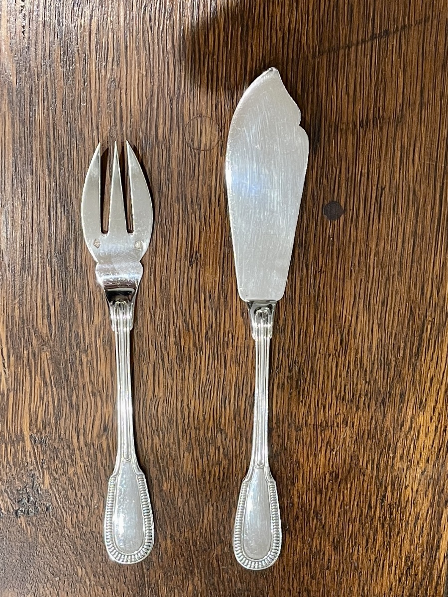 Puiforcat Solid Silver Butter Knife And Appetizer Fork With Gadroons-photo-1