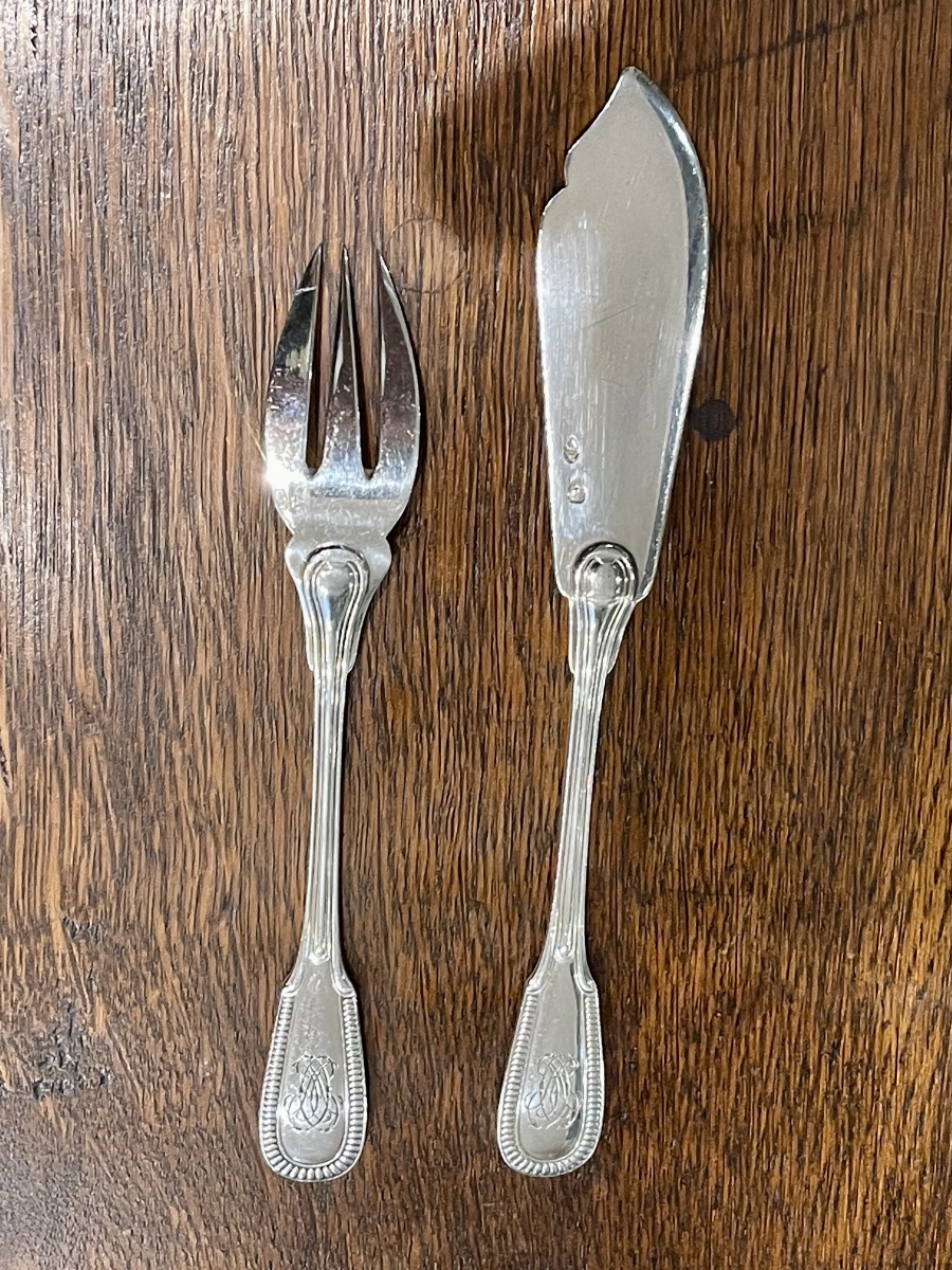 Puiforcat Solid Silver Butter Knife And Appetizer Fork With Gadroons