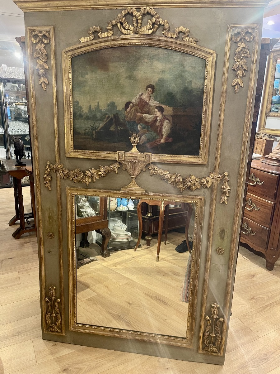 Trumeau Louis XVI avec scène champêtre et bois doré -photo-4