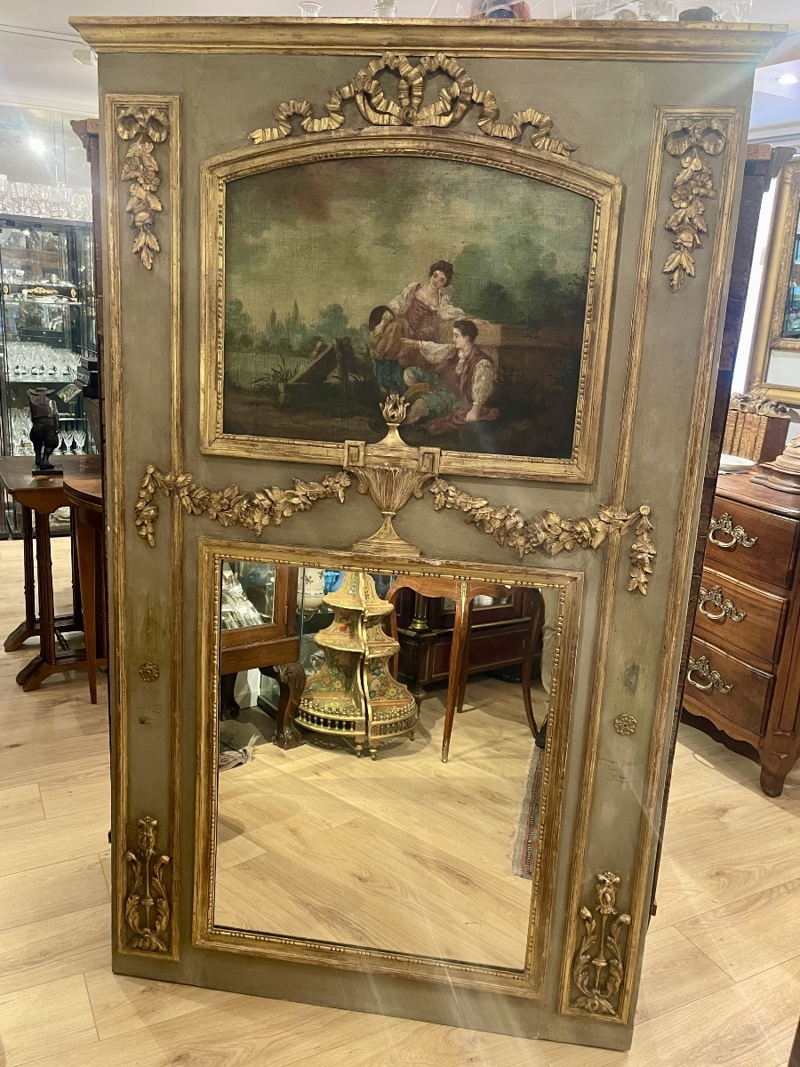 Trumeau Louis XVI avec scène champêtre et bois doré 