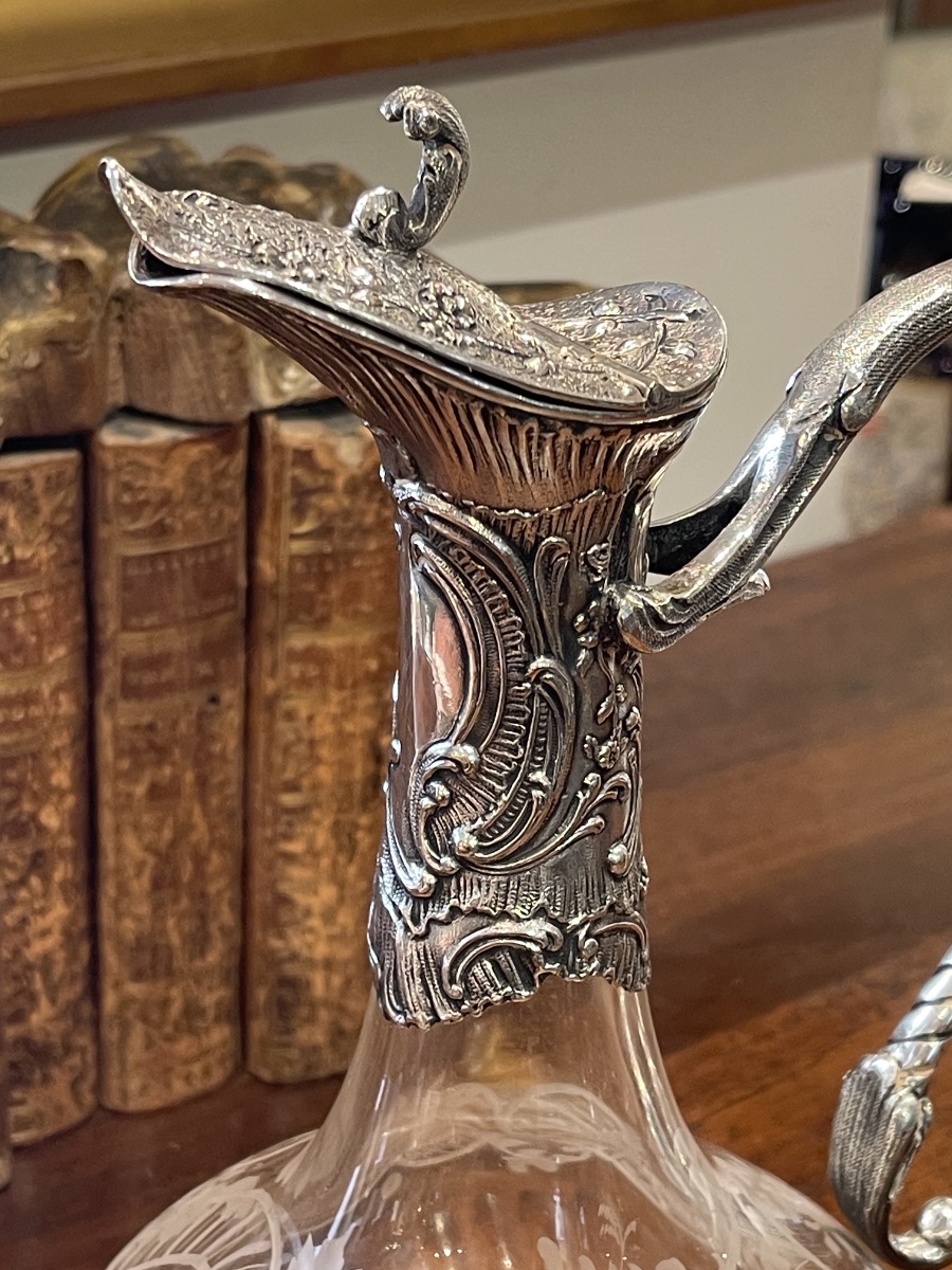Aiguiere en cristal et monture en métal argenté style Louis XV rocaille -photo-2