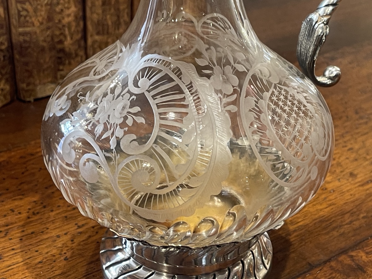 Aiguiere en cristal et monture en métal argenté style Louis XV rocaille -photo-3
