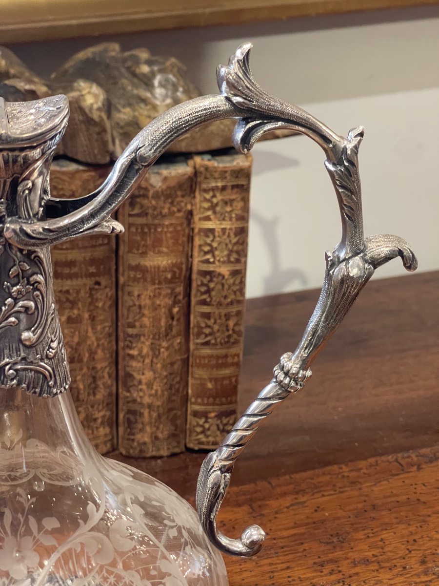 Aiguiere en cristal et monture en métal argenté style Louis XV rocaille -photo-1