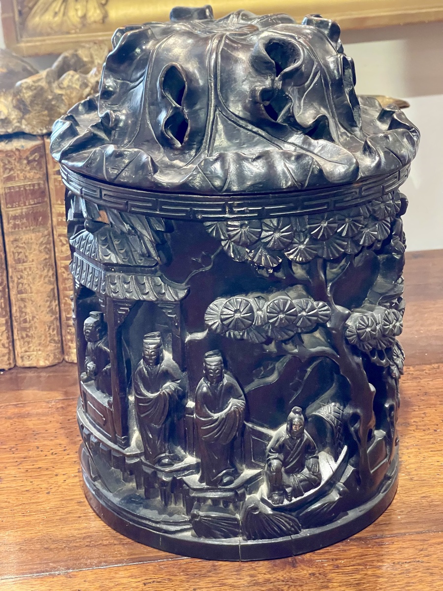 Chine important  pot porte pinceaux bois sculpté avec couvercle-photo-3