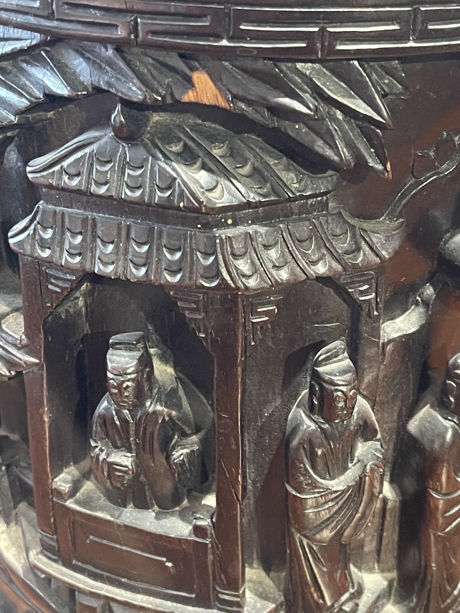 Chine important  pot porte pinceaux bois sculpté avec couvercle-photo-5