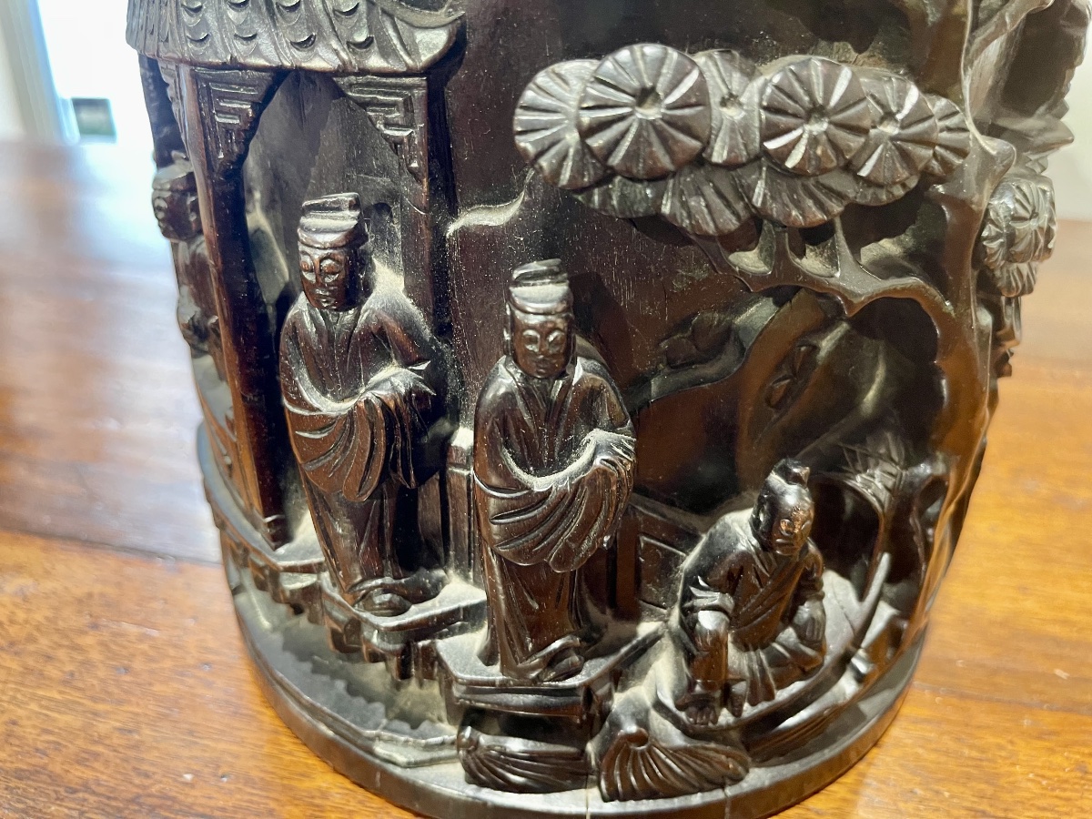 Chine important  pot porte pinceaux bois sculpté avec couvercle-photo-8