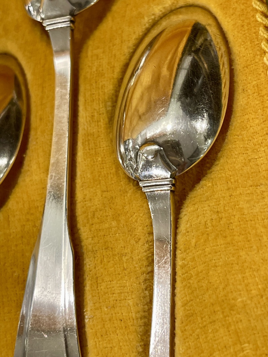 12 Minerve Art Deco Solid Silver Teaspoons In A Gift Box-photo-3
