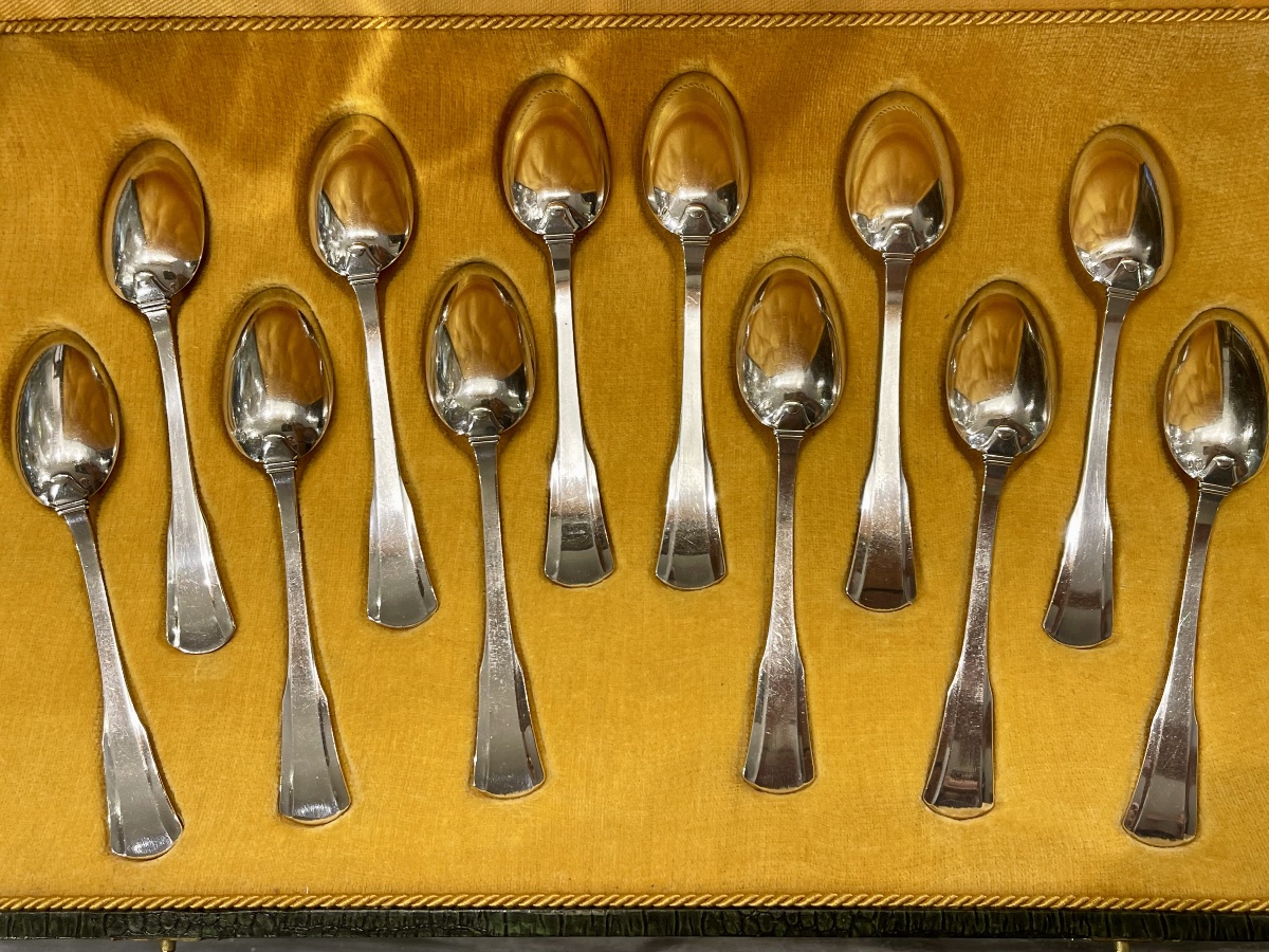 12 Minerve Art Deco Solid Silver Teaspoons In A Gift Box
