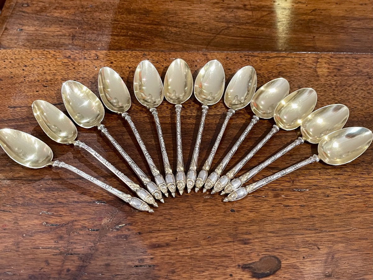 12 Solid Silver And Vermeil Teaspoons In A Box Featuring A Count's Crown-photo-2