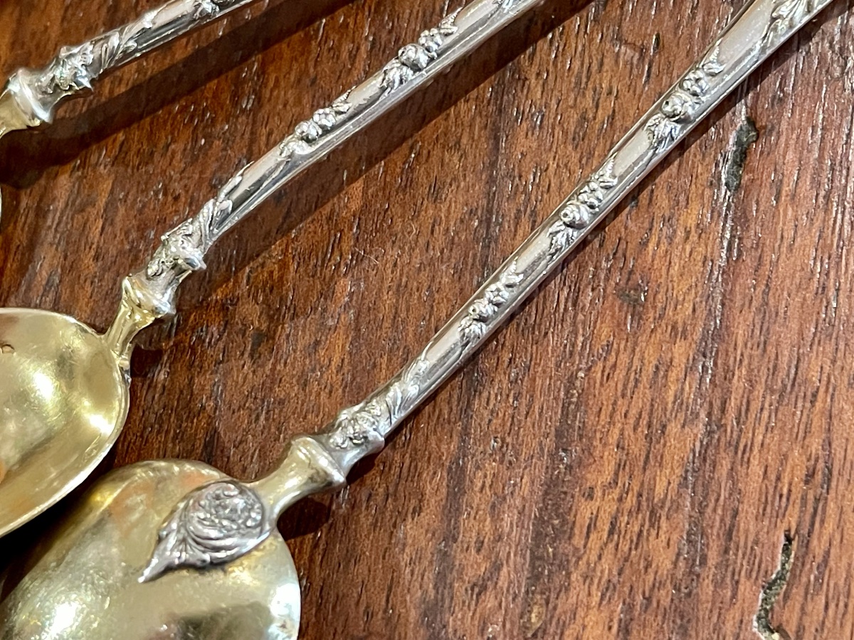 12 Solid Silver And Vermeil Teaspoons In A Box Featuring A Count's Crown-photo-1