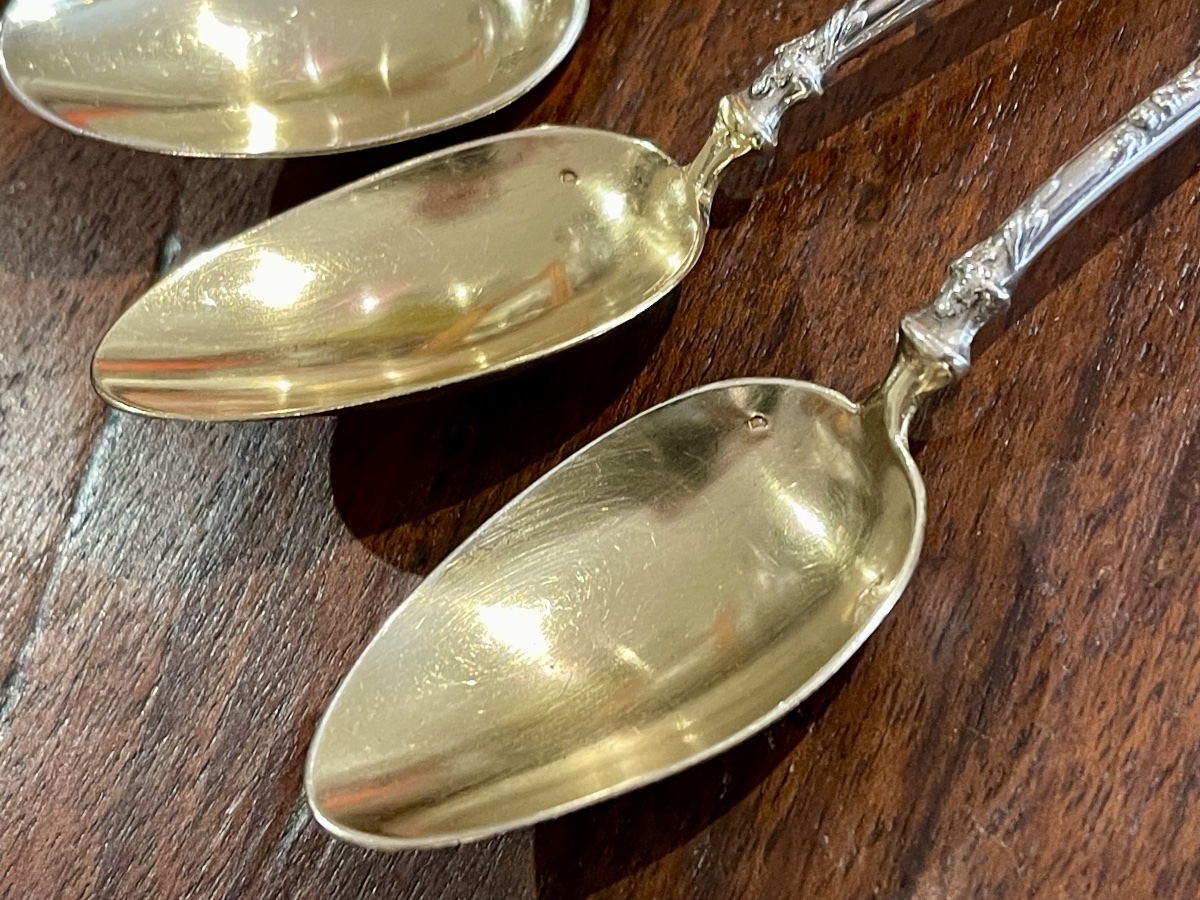 12 Solid Silver And Vermeil Teaspoons In A Box Featuring A Count's Crown-photo-3