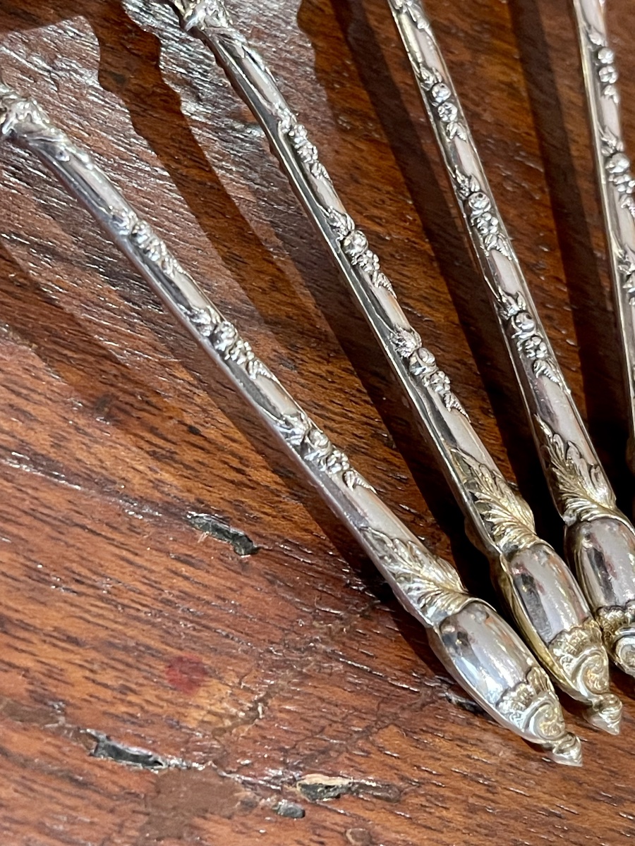 12 Solid Silver And Vermeil Teaspoons In A Box Featuring A Count's Crown-photo-4
