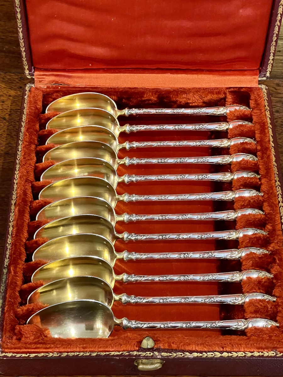 12 Solid Silver And Vermeil Teaspoons In A Box Featuring A Count's Crown-photo-5