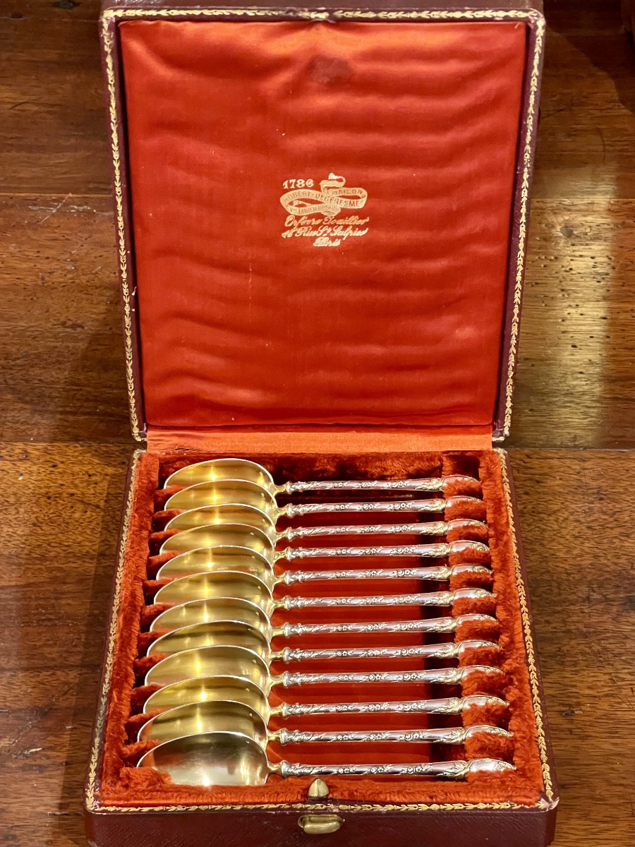 12 Solid Silver And Vermeil Teaspoons In A Box Featuring A Count's Crown