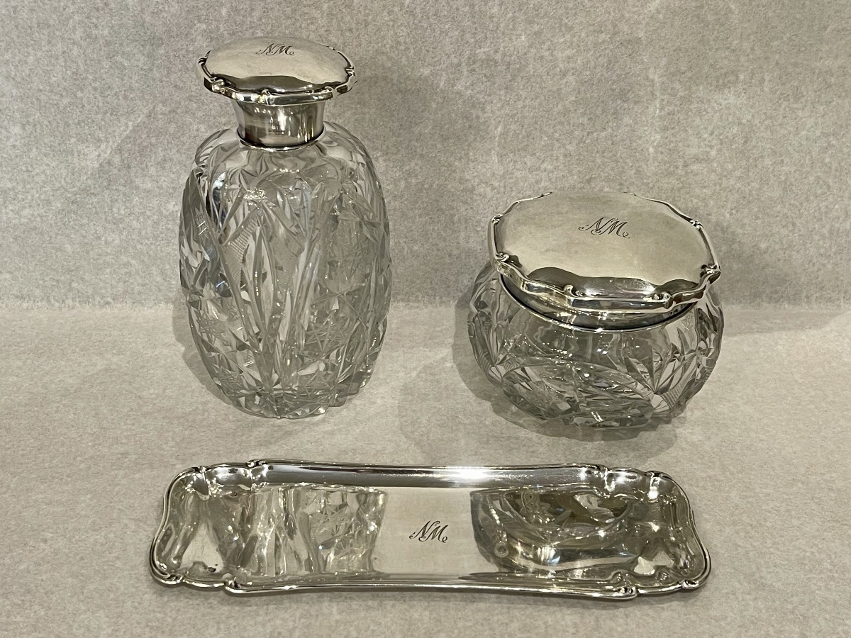 Crystal And Silver Bath Set: Bottle, Box, And Tray 