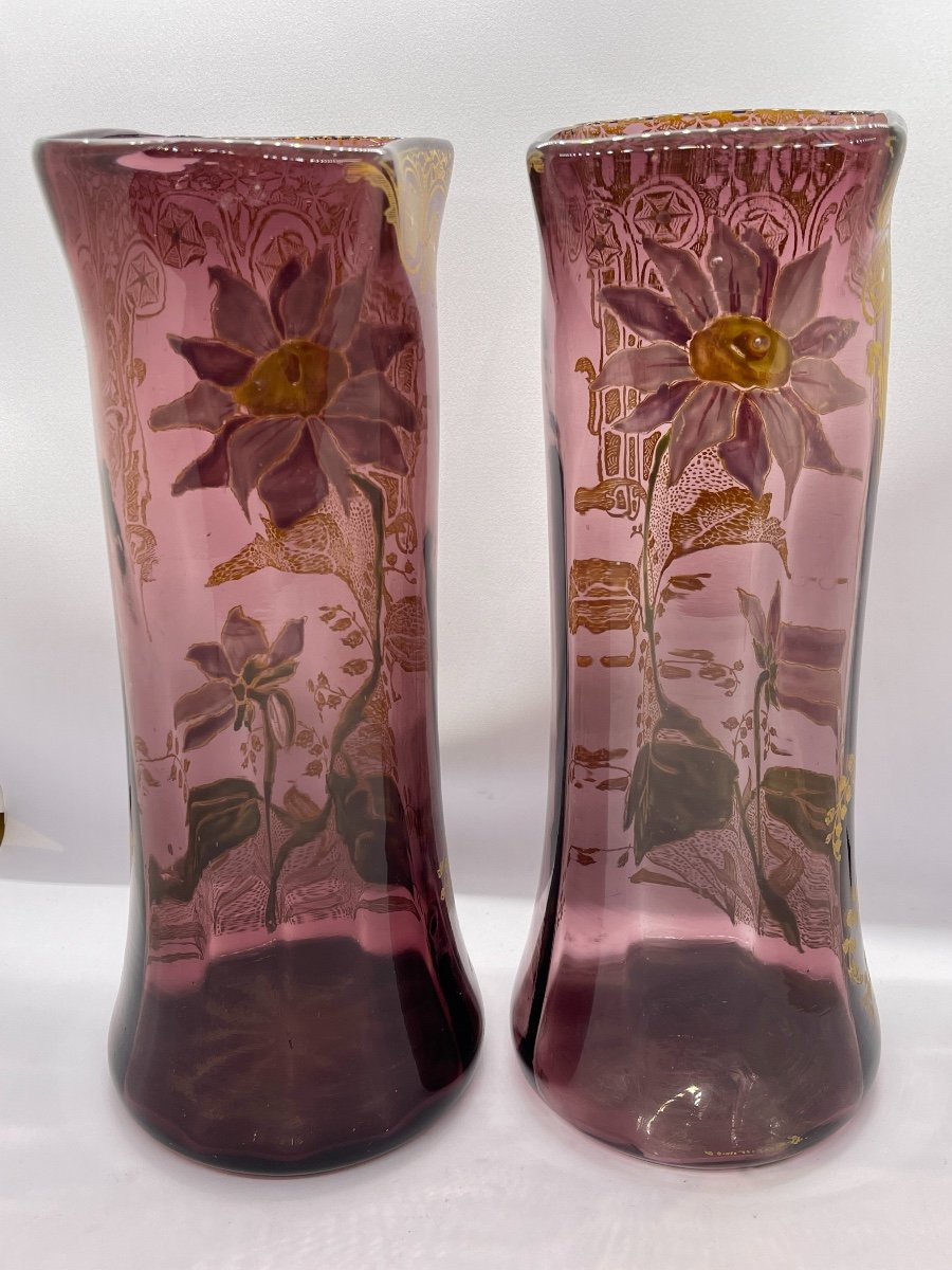 Pair Of Enameled Vases 1900 Legras Establishments-photo-3
