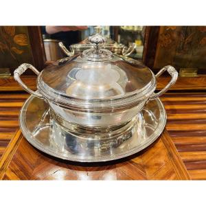 Covered Vegetable Dish And Tray Christofle Silver Metal Louis XVI Style Pearls