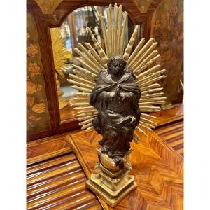 Vierge au serpent sur socle bois  doré reliquaire XVIII ème