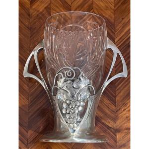 Vase WMF Art Déco décor raisins métal argenté et  cristal 