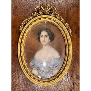 Miniature Signed Marie De Pène, 19th Century, Gilt Bronze Frame
