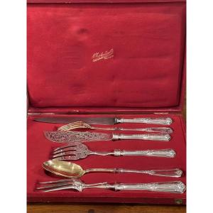 Box With 3 Pieces Of Cutlery For Serving, Fish, Stew And Carving. Solid Silver Minerve Goldsmith S