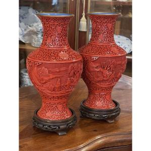 Pair Of Chinese Cinnabar Lacquer Vases, 31.5 Cm