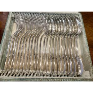 Art Deco Silver Cutlery Set With 12 Forks And 12 Table Spoons, "minerve" By Goldsmith Prost