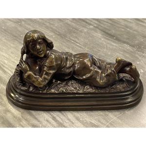 Bronze Sculpture Of A Reclining Bagpiper, Based On A Work By Jean Garnier, Scottish Style