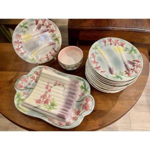 Saint Clément Asparagus Set In Slip Glaze With "heart Of Mary" Decoration, 1900