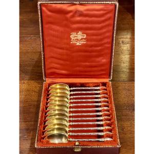 12 Solid Silver And Vermeil Teaspoons In A Box Featuring A Count's Crown